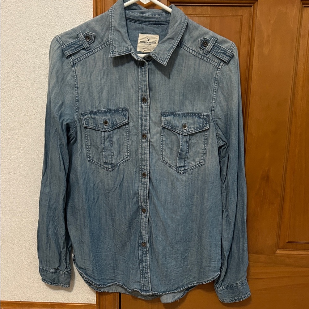 American Eagle Outfitters Light Blue Denim Button-Down Shirt